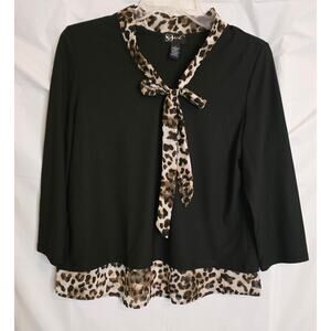 80 Park Blouse Pullover Women's Size S 3/4 Sleeve Black Cheeta Print Bow Tie